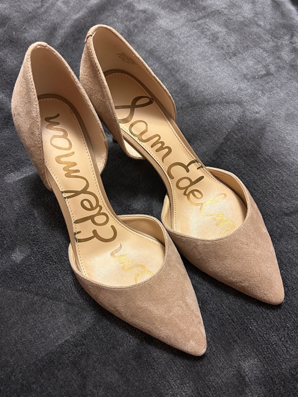 Sam Edelman Telsa Taupe Suede Pointed Heels, 3" Heels, Size 8
